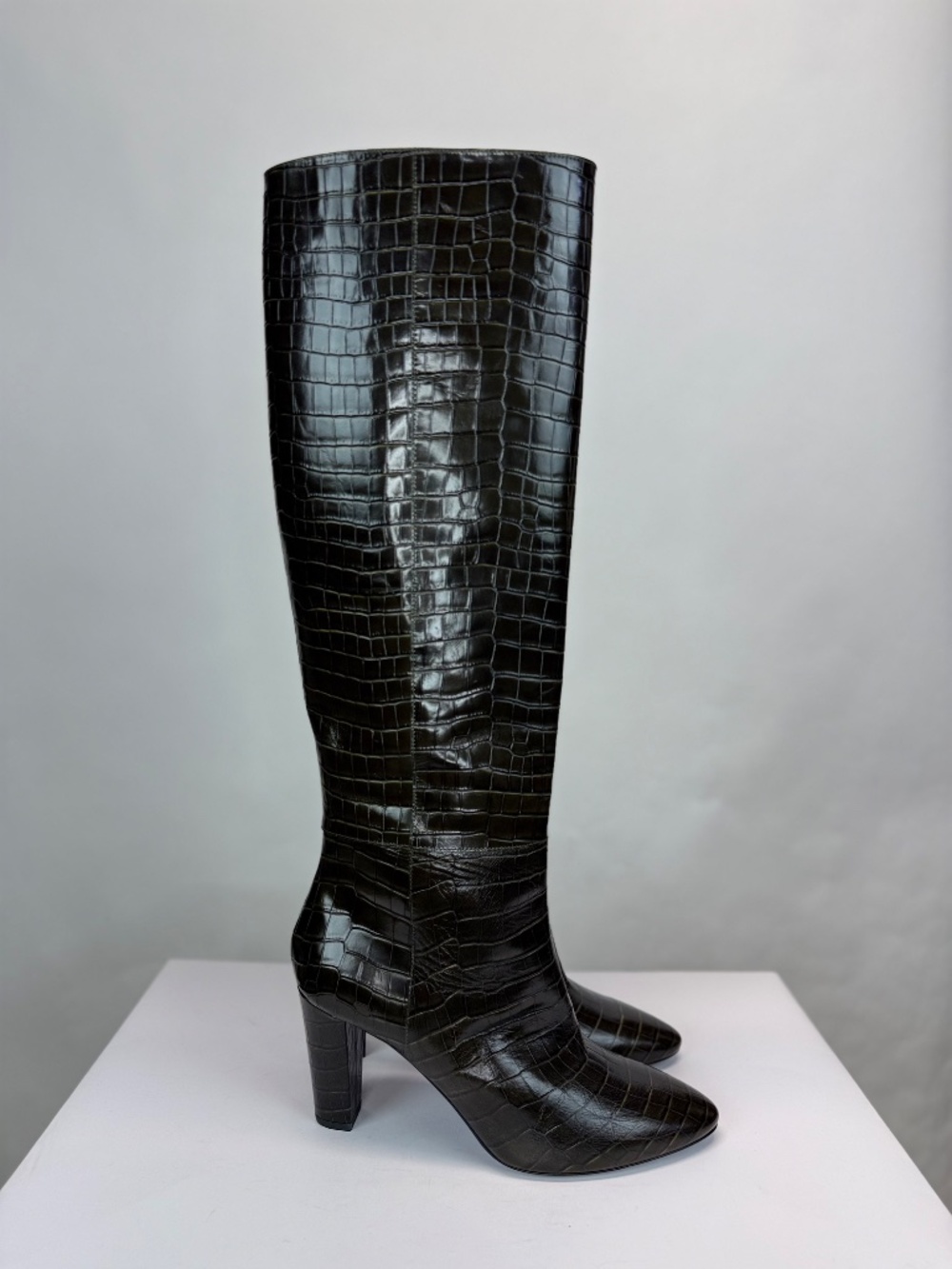 New Longchamp Croc Embossed Leather Knee High Boot Khaki Sz 10